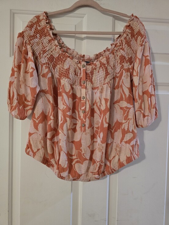 torrid Tops - Torrid Smocked Off-Shoulder Floral Blouse in Coral and Cream